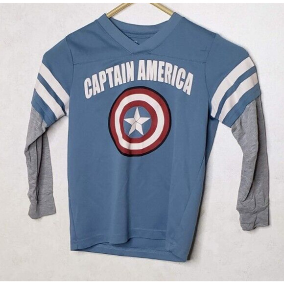 Captain America Boys Blue Long Sleeve With Shield Logo Marvel Size 7 T-Shirt - Picture 1 of 8